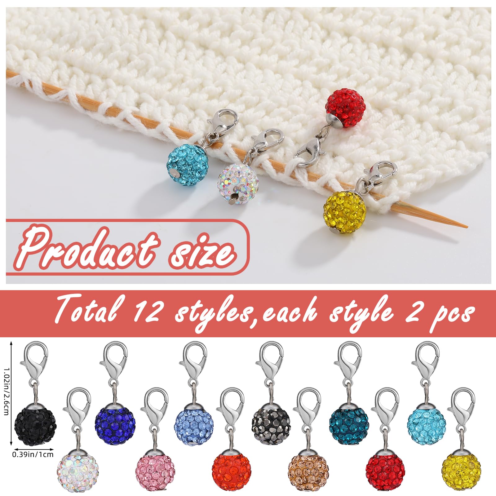 COGCHARGER 24Pcs Polymer Clay Rhinestone Stitch Markers Removable Crochet Knitting Markers with Lobster Clasp Charms for Sewing Knitting Weaving Accessories DIY Craft - Image 2