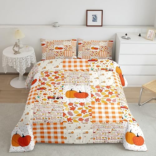 Juego de edredón de calabaza de otoño, tamaño Queen, juego de ropa de cama de Acción de Gracias, 3 piezas de hojas de arce, tractores de granja,