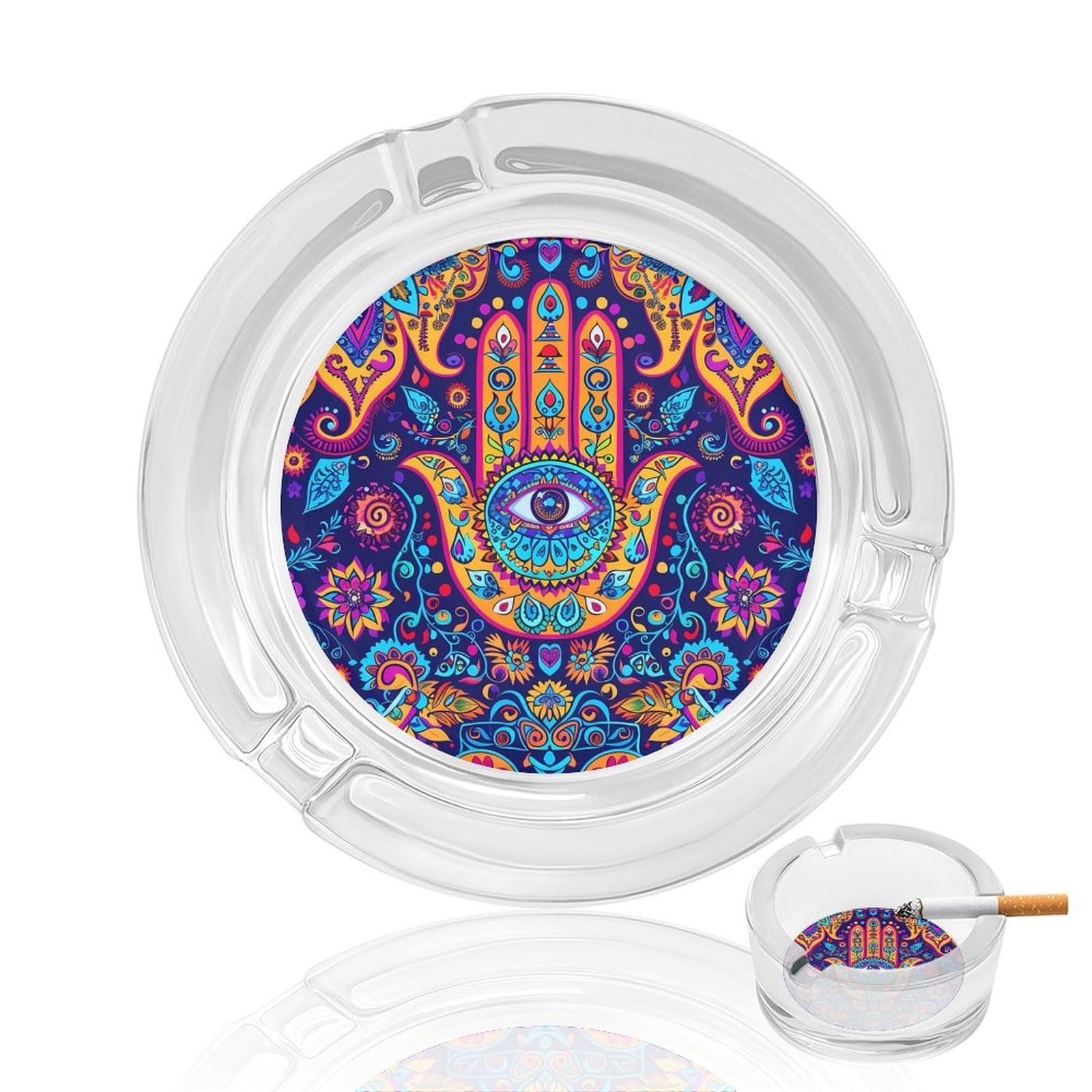 Nclqvjxzkhw Style Hamsa Hand Of Fatima Meditation Mandala Glass Ashtray Round Ash Tray Smoking Trays For Home Garden Outdoor