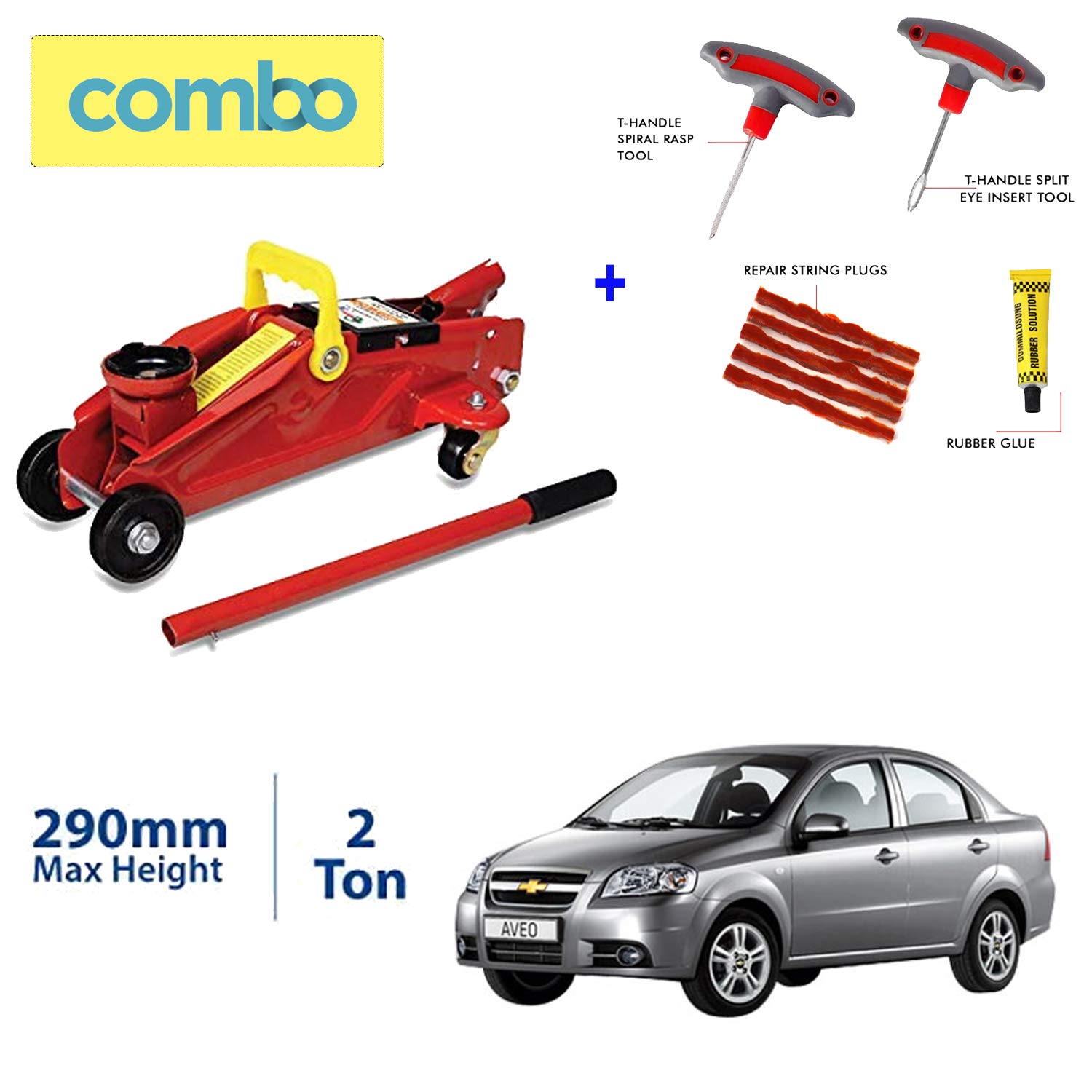 Semaphore (2 Ton) Car Hydraulic Trolley Jack and 4 in 1 Tubeless Tire Puncture Repair Kit Flat Tyre Patch Tools for Chevrolet Aveo