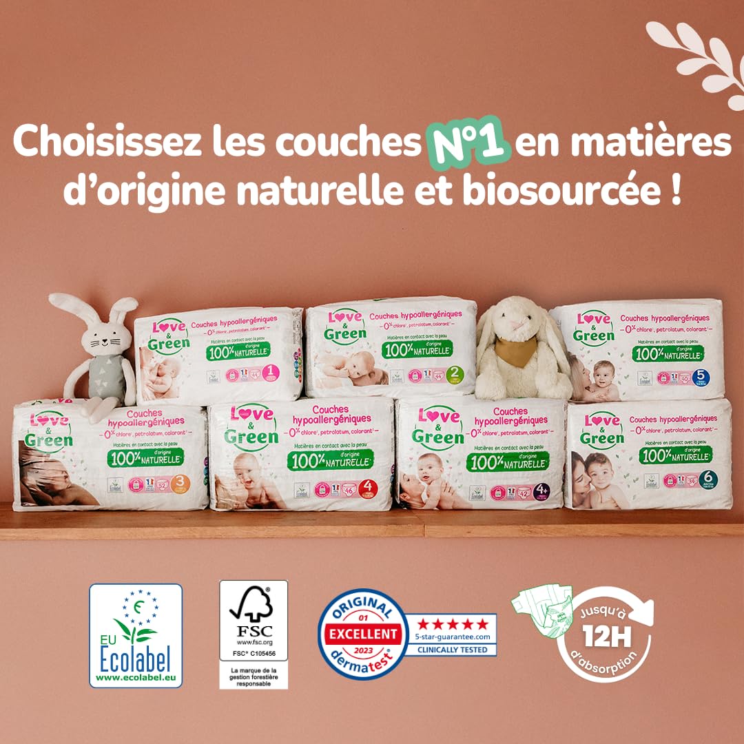 Love & Green Couches Bébé Taille 2 (3-6 kg) 36 couches Absorbante anti-fuites