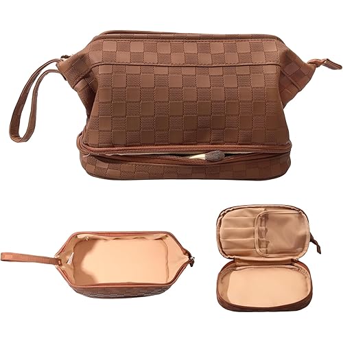 Abiudeng Large Capacity Makeup Bag Ladies Cosmetic Bag Travel Bag with Compartments Portable PU Leather Travel Makeup Bag with Handle