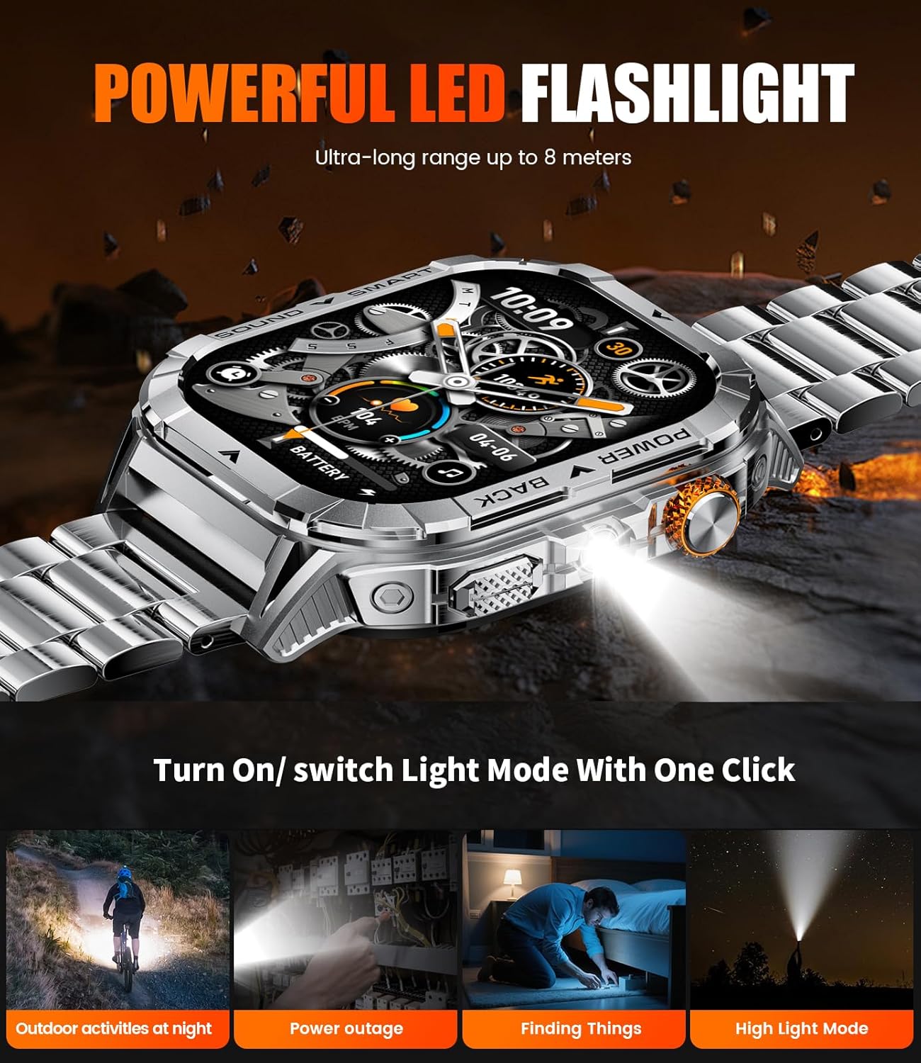 SUNKTA Smart Watch demonstrating its powerful LED flashlight feature