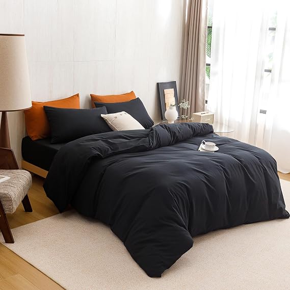KAREVER Black Comforter King Washed Cotton 3 PCs 100% Cotton Bedding Set Black King Size Comforter Set