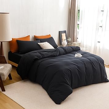 KAREVER Black Comforter King Washed Cotton 3 PCs 100% Cotton Bedding Set Black King Size Comforter Set