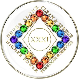 Clean Time (NA) White Crystalized Medallion | Recovery Medallion | Recovery Gift | White with Rainbow CZ Crystals 1-40 Years (31 Years)