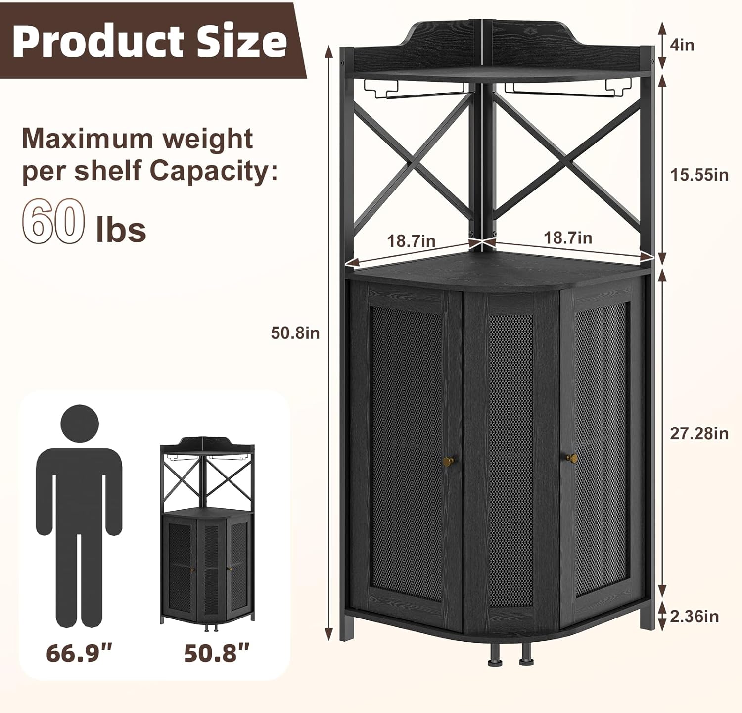 Diagram showing product dimensions and maximum weight capacity per shelf.
