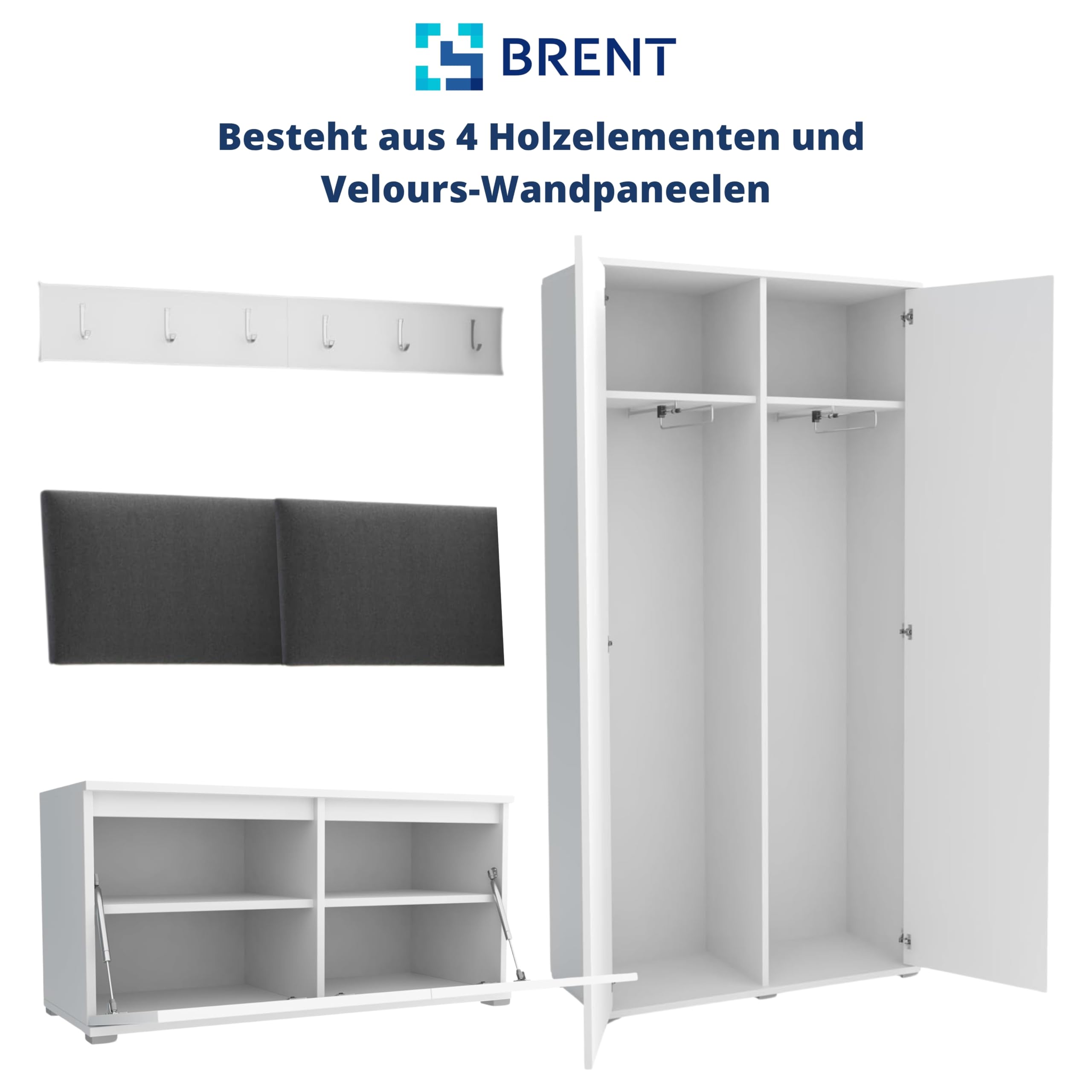 Brent Flurgarderobe Luton 4 Set: Schuhbank mit Sitzfläche, Garderobenpaneel, Garderobe mit Spiegel, Grau + Schwarz