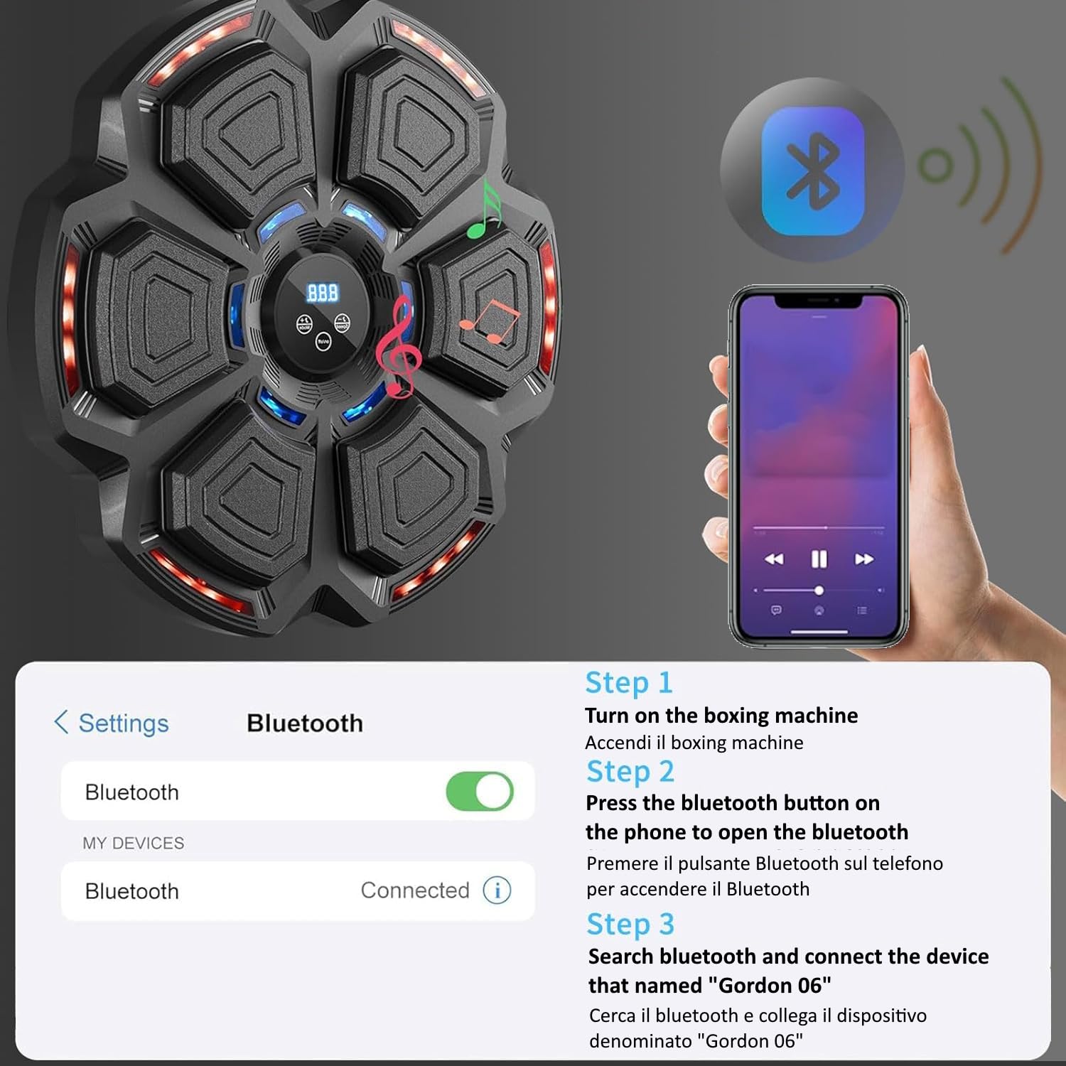 FFitness Music Boxing Machine 9 velocità di Allenamento con Bluetooth Attrezzatura Boxe Bersaglio da Parete con Display Contatore Tirapugni Elettronico da Muro