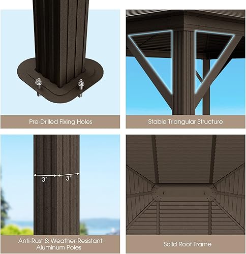 Miniatura 5 de Tangkula Gazebo de techo rígido de 12 x 10 pies, cenador de doble parte superior para exteriores con parte superior de acero galvanizado, marco de