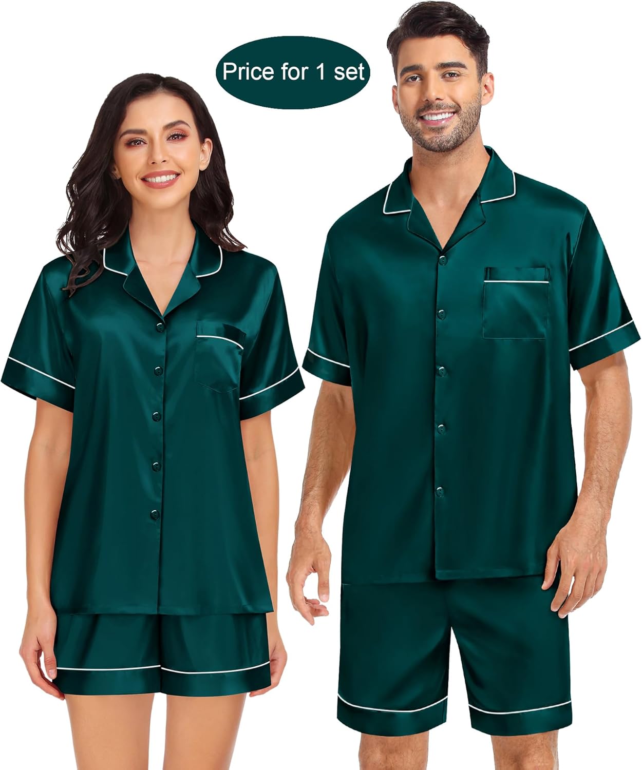 SWOMOG His And Hers Pajamas Sets Couples Satin Pj Set Sleep Wear Set for Women Button Up Pajamas Sleep Shorts Summer Lounge Sets Dark Green - Image 2