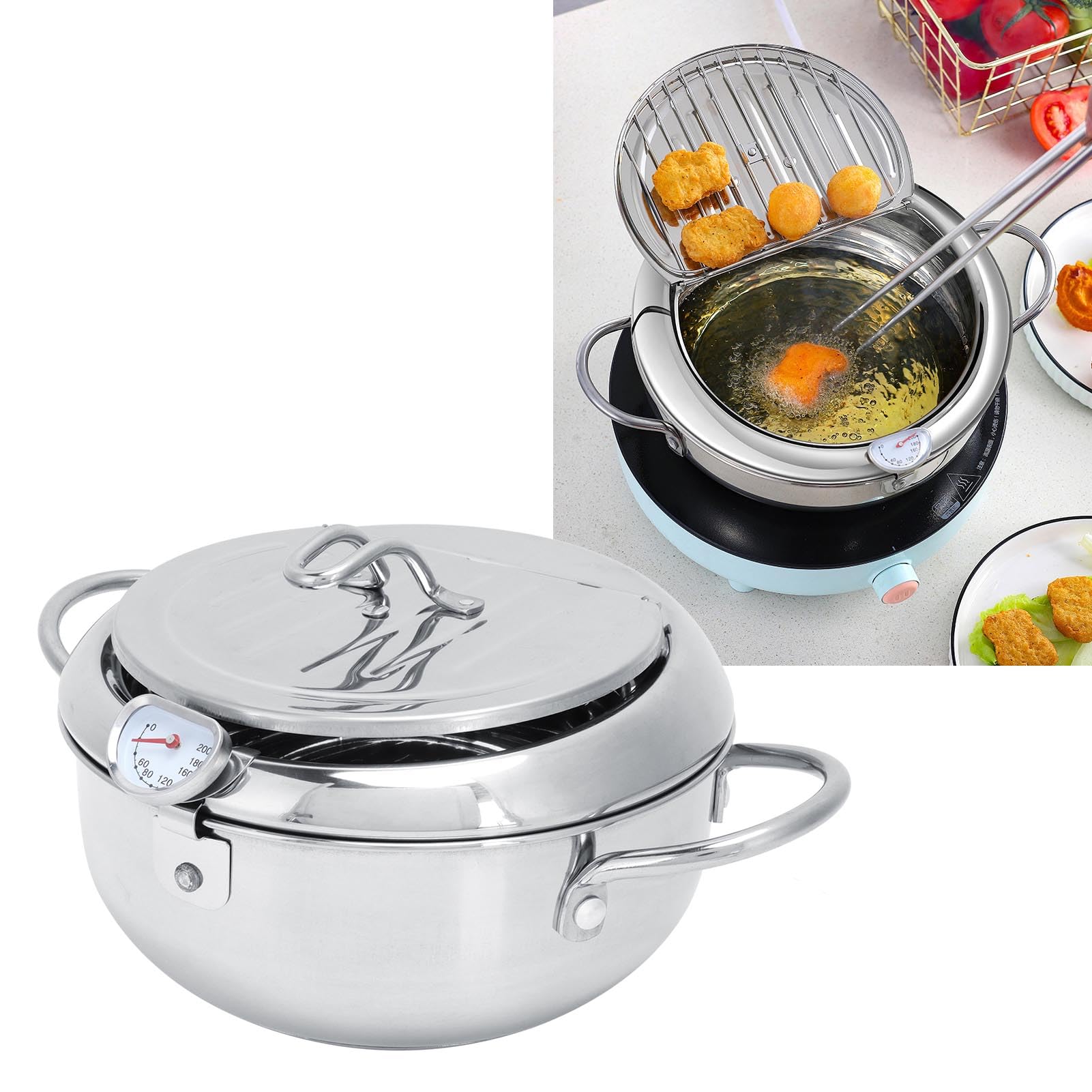 Japanischer Fritteusentopf , 28 Cm , Japanischer Tempura Fritteusentopf aus 201 Edelstahl , Abnehmbar , mit Thermometer f?¡ì1r Pommes Frites , T?pfe