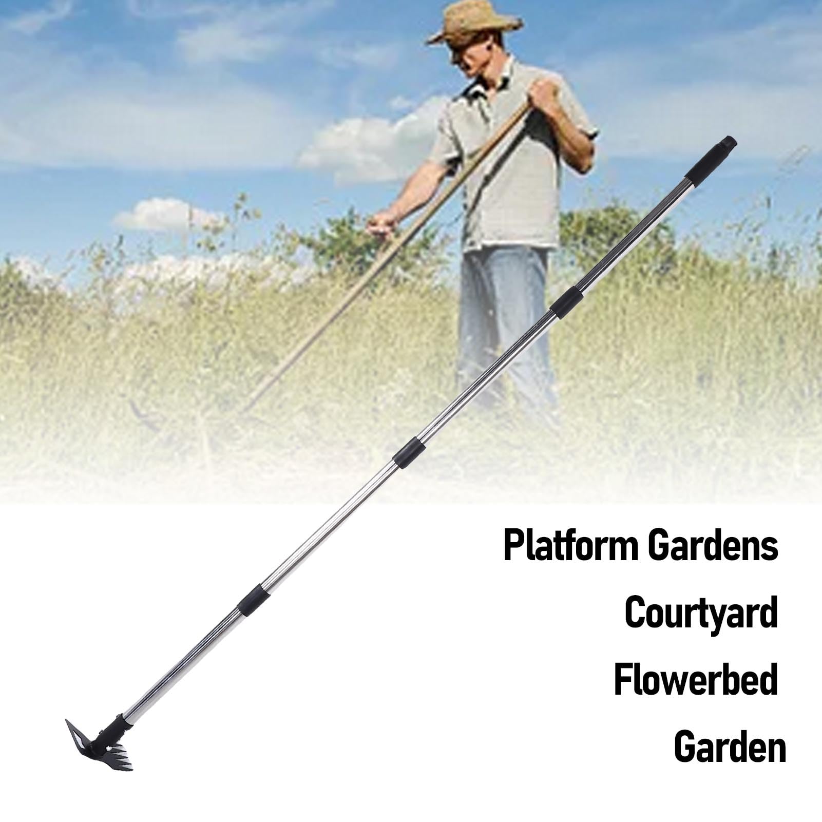 Herramienta de Jardín con Azada, Azada de Jardín 2 en 1 de 63 Pulgadas con Mango Largo Ajustable, Cultivador de Azada de 5 Púas para Vegetales Pequeños, Jardines de Flores, Patio