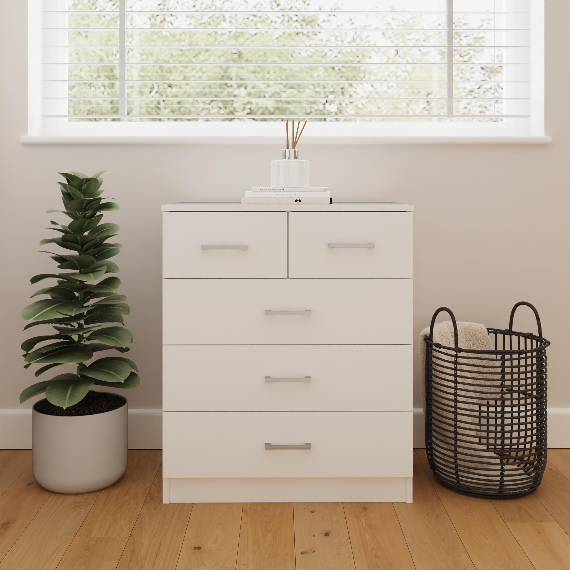 Bailey White 2+3 Drawer Chest of Drawers – Modern Bedroom Dresser Storage Unit, Minimalist Tall Drawer Cabinet Furniture with Spacious Organisation