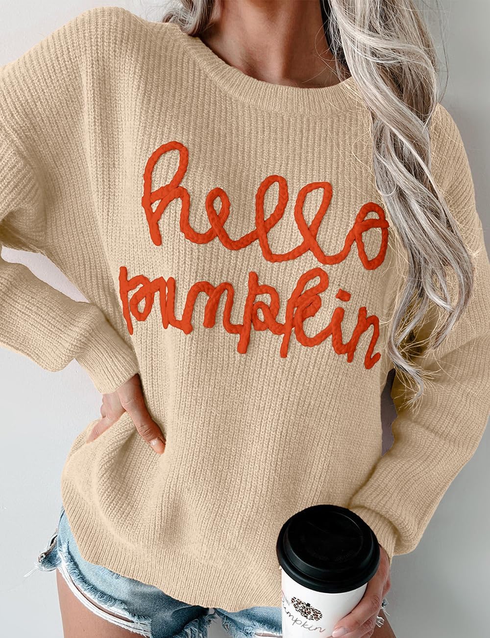 Ecosunny Womens Halloween Sweater Casual Crew Neck Hello Pumpkin Graphic Pullover Long Sleeve Loose Knit Sweater Top - Image 2