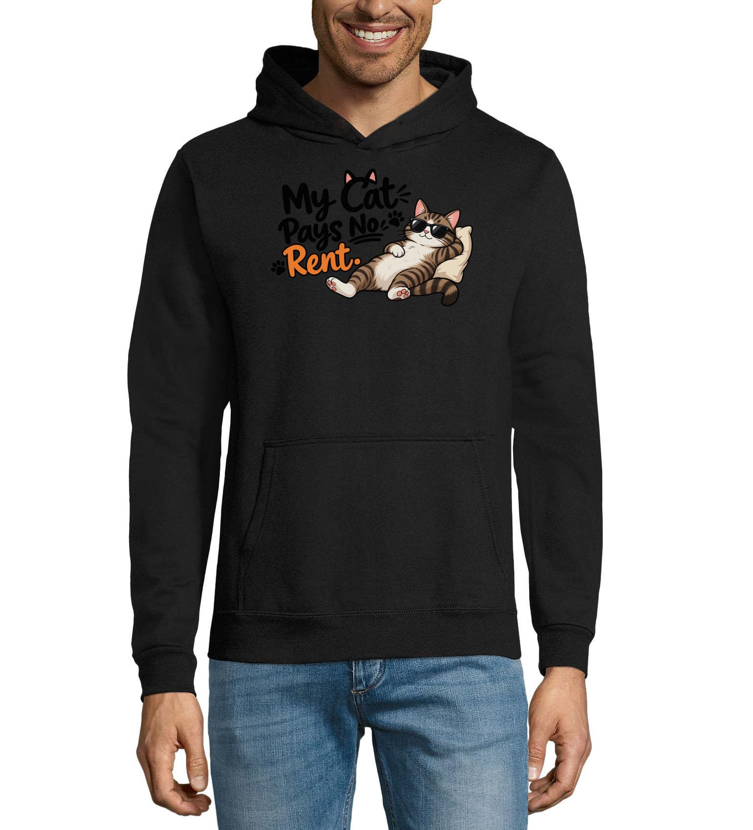 Zrelaksowany kot z okularami przeciwsłonecznymi i tekstem do wypożyczenia unisex mieszanka bawełny bluza z kapturem bluza z kapturem czarna