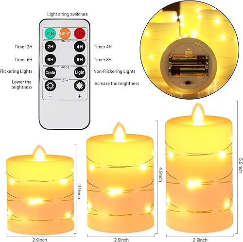 Miniatura 5 de Vela LED sin llama, velas LED con cadena de luces integradas, paquete de 3 velas a pilas con control remoto, función de temporizador de 24 horas,