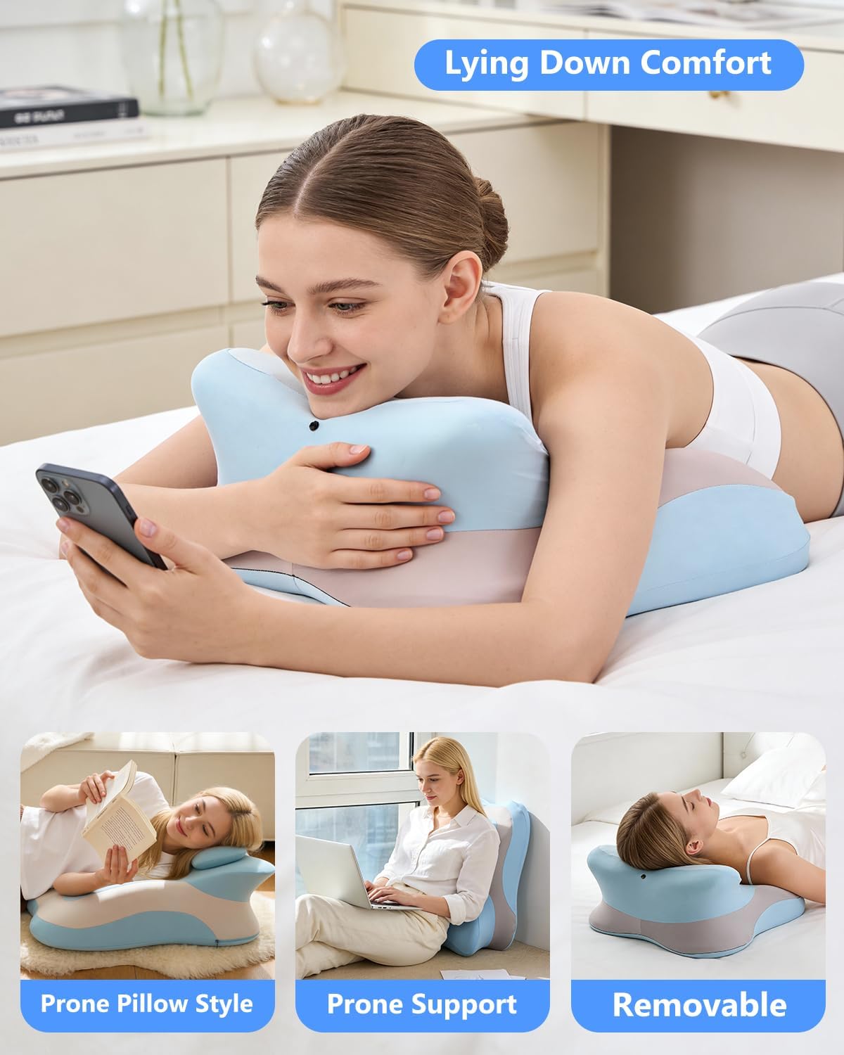 Memory Foam Ergonomic Wedge Pillow, Squat Pillow, Prone Pillow for Sleeping, Reading Pillow for Bed, Ideal for Massage, with Removable Cover, Back Support, Multi-Functional Memory Foam (Blue)
