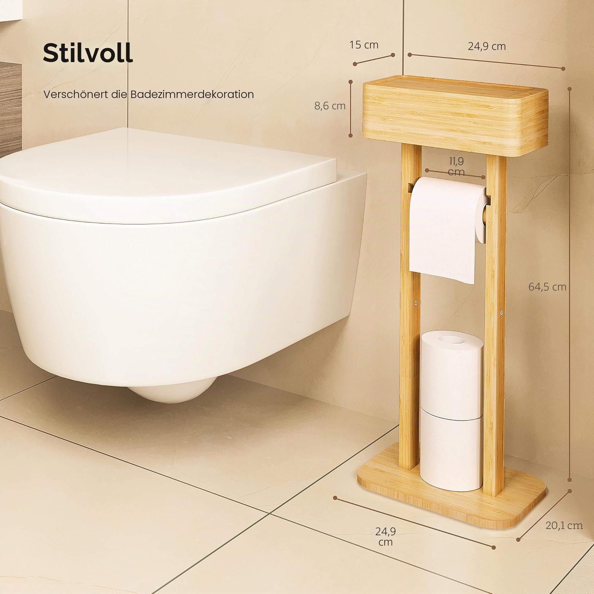 Wealone 4-in-1 Freistehender Toilettenpapierhalter mit Oberem Ablagefach, Bambus Klopapierhalter Stehend, Toilettenpapierhalter mit Feuchttücherbox, Vorübergehende Desktop für Badezimmer(Patentschutz)