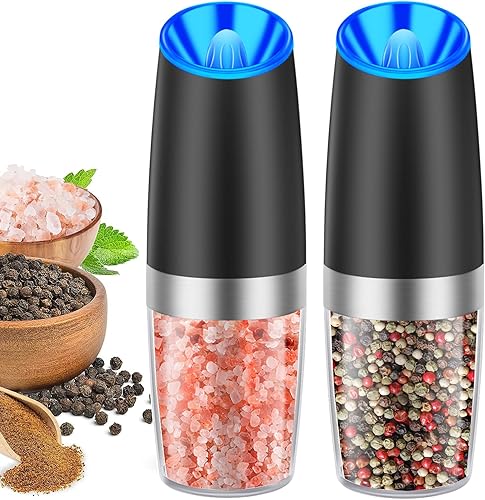 Gravity - Juego de molinillo eléctrico de pimienta y sal, grosor ajustable, con luz LED, operación automática con una mano, acero inoxidable negro,