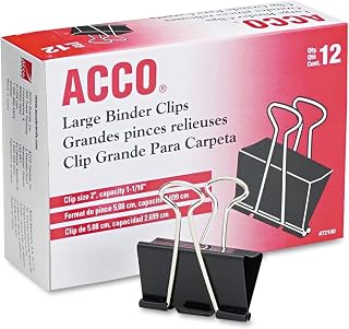ACCO Brands Large Binder Clips 2" Wide, 12 Pack - Reusable Tempered Steel for Extra Strong Paper Grip