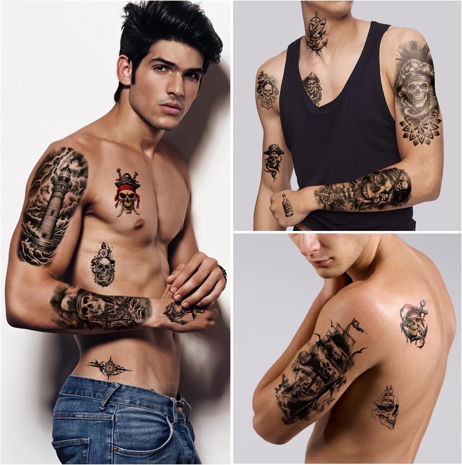 77枚 海賊 テンポラリータトゥー 大人 男性 子供 船長 海賊 船 旗 セーラーアンカー ヨット スカル フェイクタトゥー、海賊ス