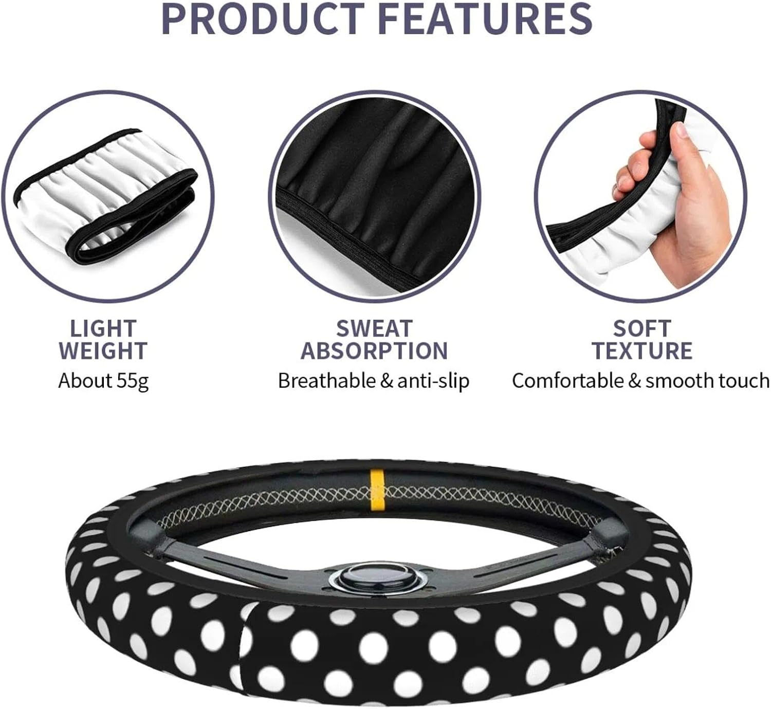 Black White Steering Wheel Cover Universal 14.5-15 Inch Non-Slip Polka Print Dot Car Accessories