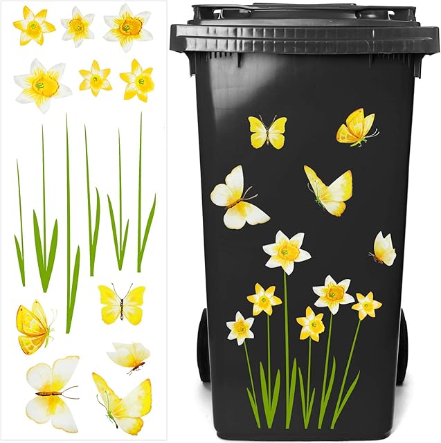 Outus Wheelie Bin Flower Stickers Bin Decorative Sticker Dustbin Flower Stickers Decal for Bins, Fridge and Household Decorations (Yellow and White)