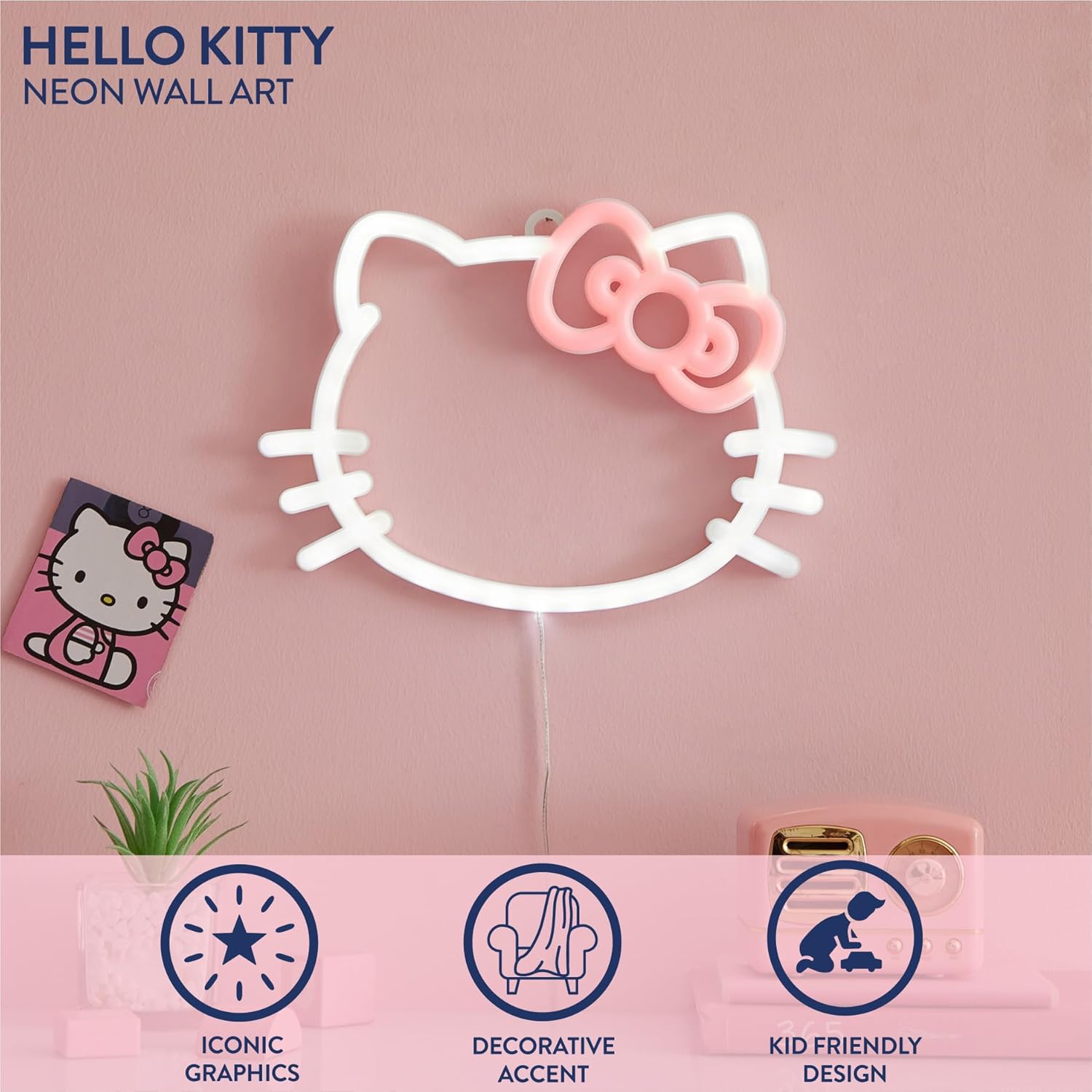 Hello Kitty LED Neon Wall Light,Figural Light-Up Wall Hanging Décor,Battery Operated,10" W x 7" H,Cute Night Light for Kids Bedrooms