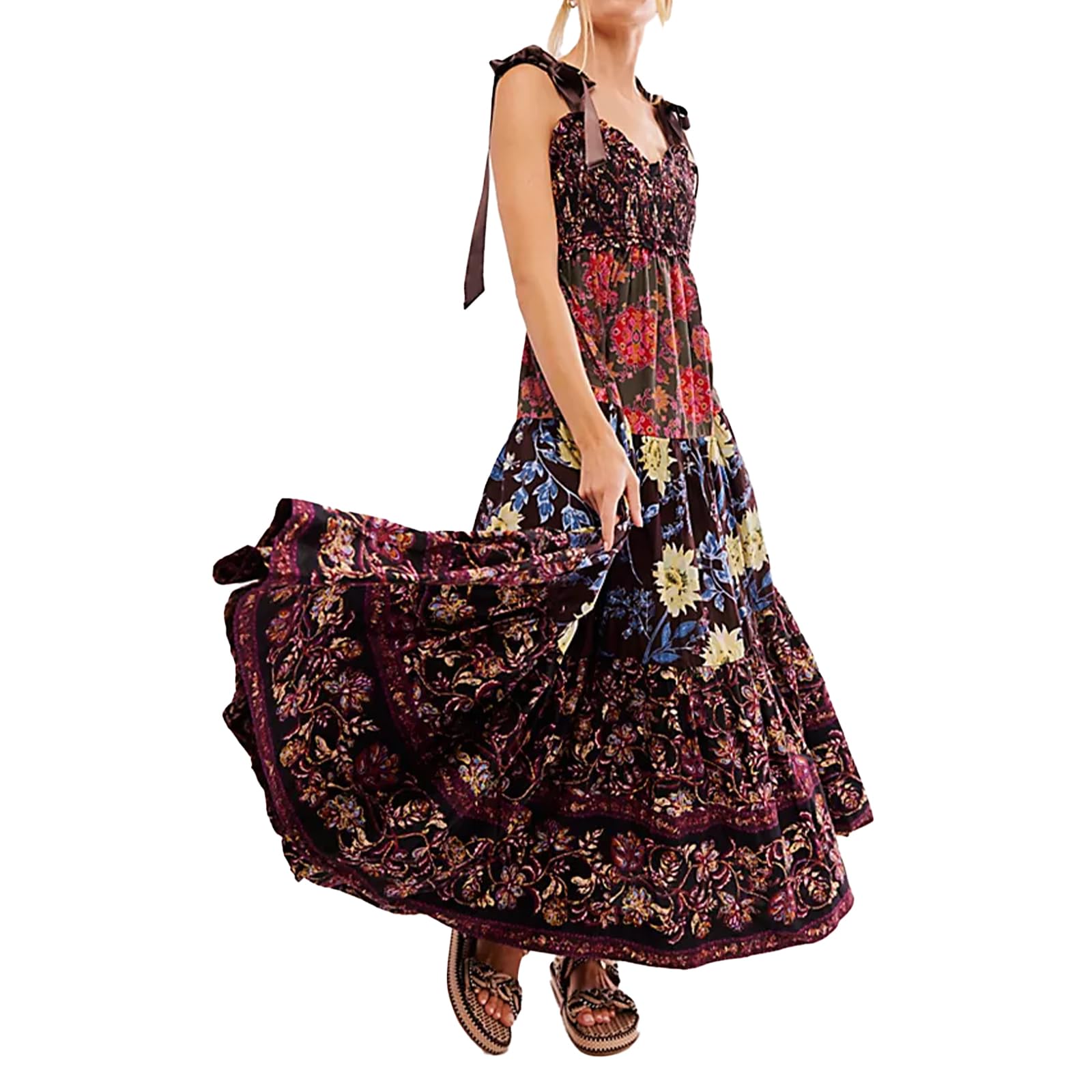 ABYOVRTWomen Floral Maxi Dress Sleeveless Tie Shoulder Bohemian Flowy Smocked Dresses Casual Summer Sundress with Pockets