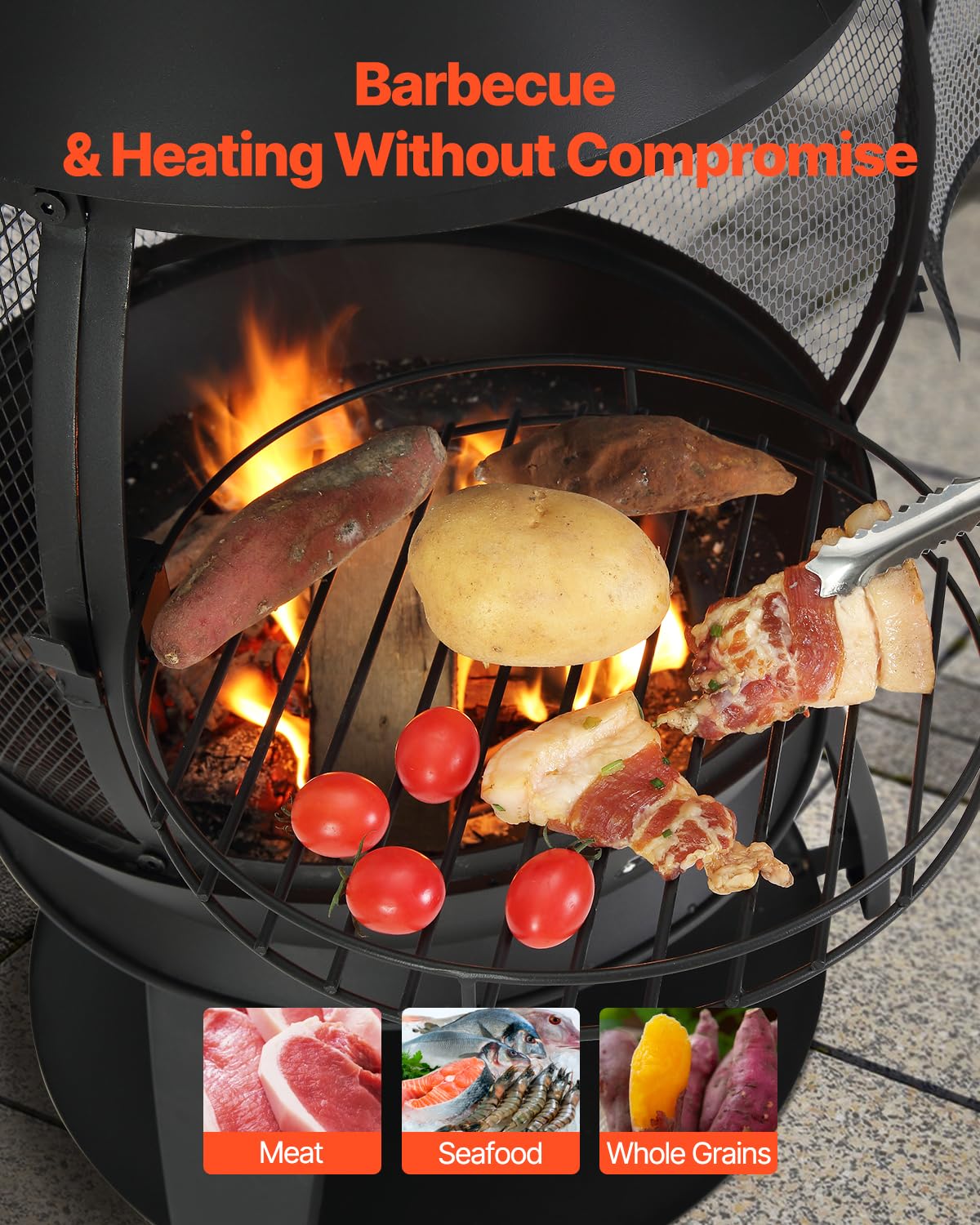 VEVOR Gartenkamin, φ500x1100mm Terrassenofen, Aztekenofen aus Eisen zum Grillen & Wärmen, Chimenea Feuerstelle mit Grillgitter, Kaminmantel & rostfreiem Kamindeckel, für Terrasse, Garten, Hinterhof
