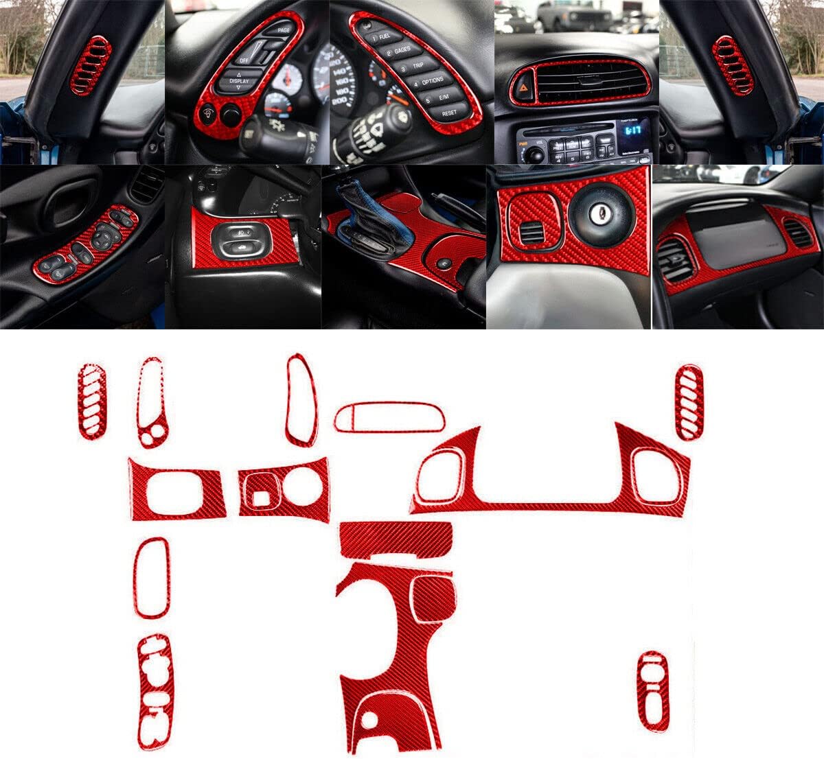 Car Interior Accessories 18 Pieces red Carbon Fiber Full Interior Sticker Decoration Set for Chevrolet Corvette C5 1998-2004