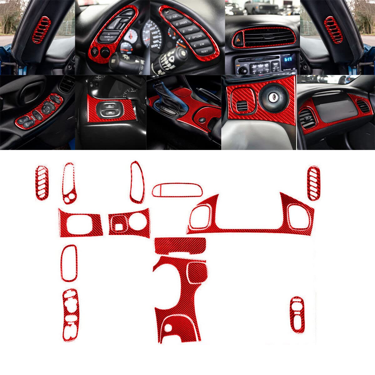 Car Interior Accessories 18 Pieces red Carbon Fiber Full Interior Sticker Decoration Set for Chevrolet Corvette C5 1998-2004