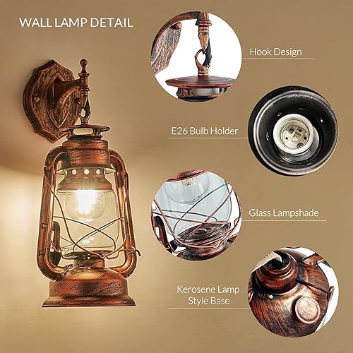 Miniatura 6 de Apliques de pared, lámpara de farol rústico retro antiguo vintage de pared (bronce amarillo, 2 piezas)
