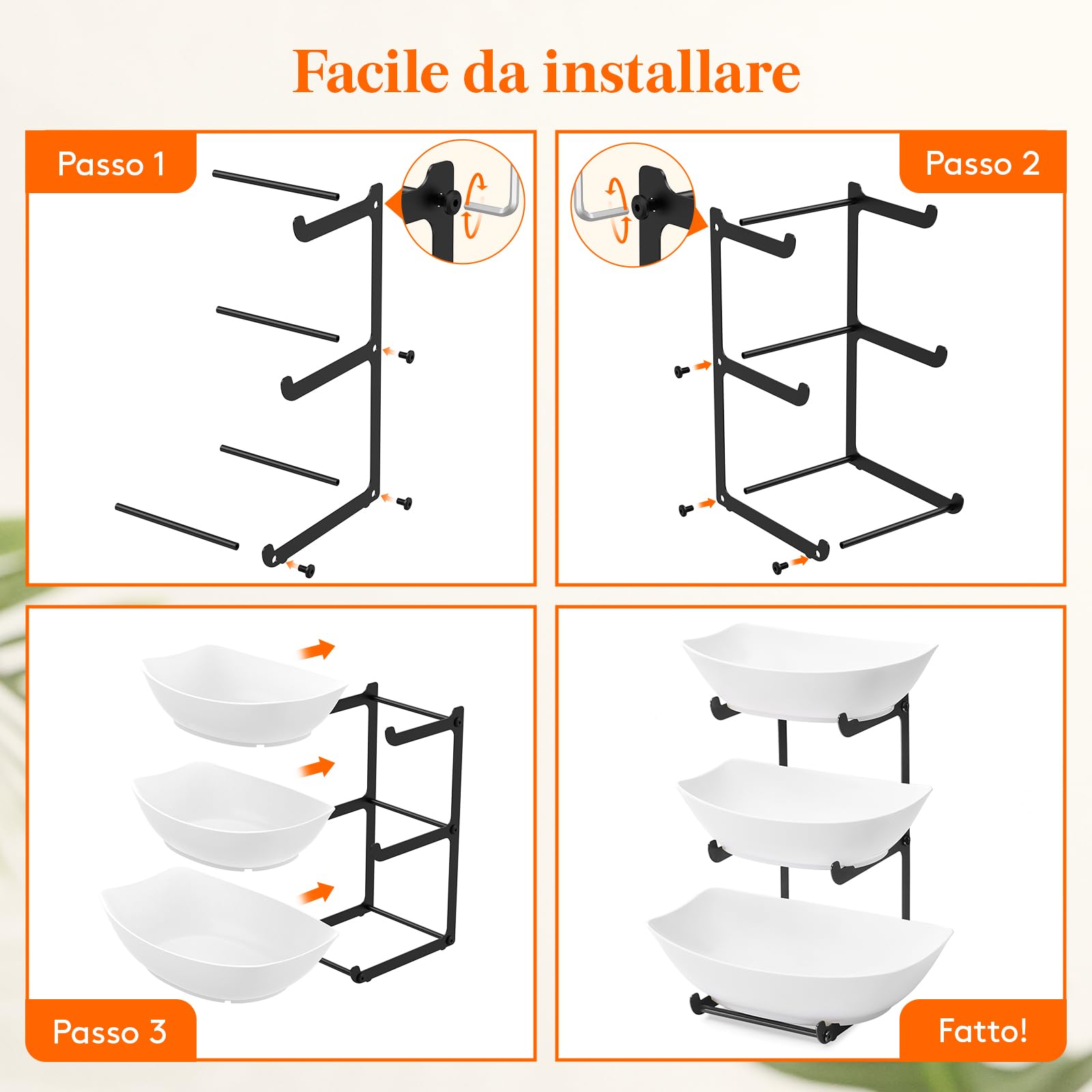 Lifewit Cestino per Frutta in Plastica a 3 Livelli Piano Cucina, Portafrutta con Supporto in Metallo Nero, Vassoio da Portata per Cibo, Verdure, Torte e Dessert per Feste, 28 x 35 cm, Nero