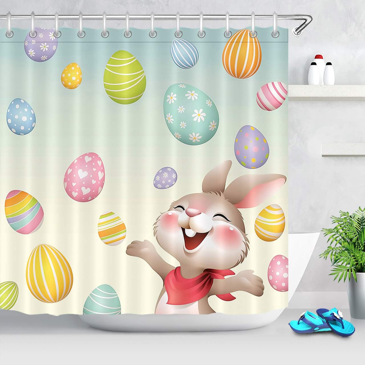 LB Happy Easter Shower Curtain Set Funny Cartoon Smile