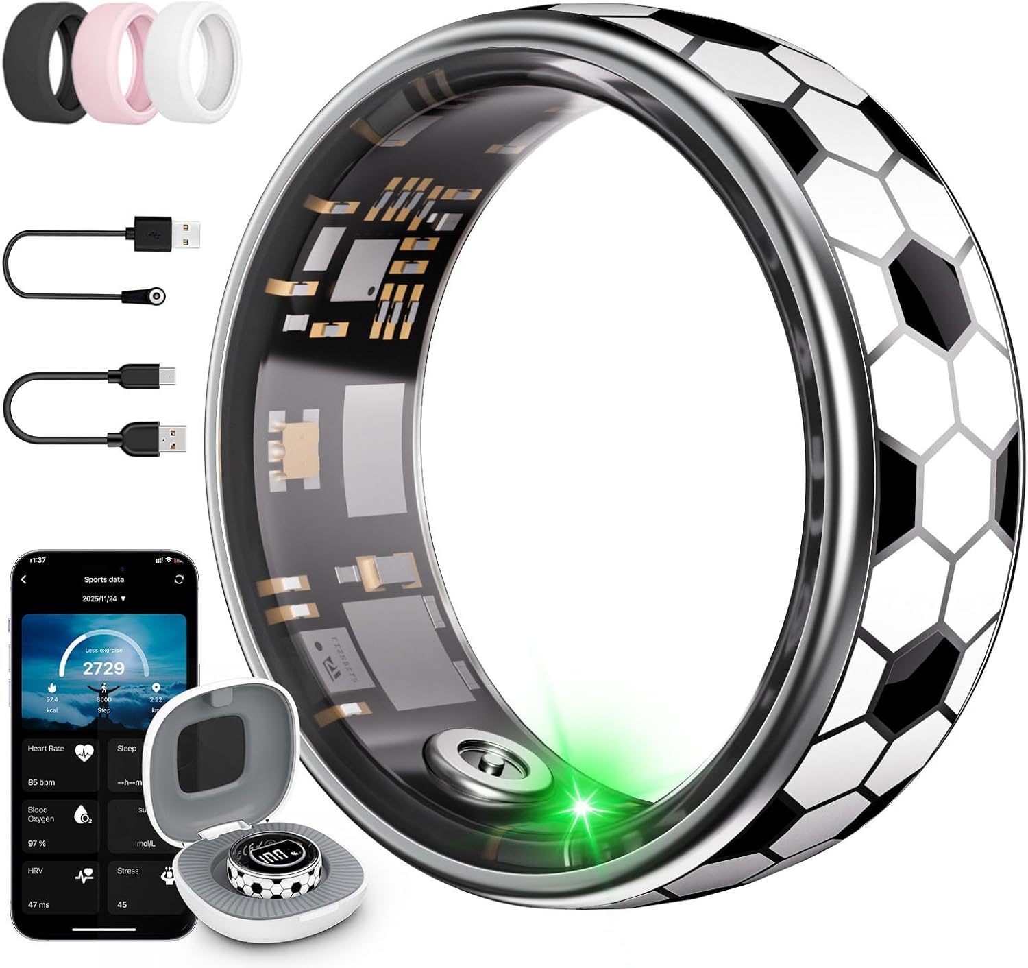 Soccer Pattern Smart Ring for Men Women, Fitness Tracker Ring– HR, SpO2, Sleep Monitor Step Calorie Distance, Vibration, Waterproof Fitness Ring, Soccer Gifts for Soccer Fan–No APP Fee (8#)