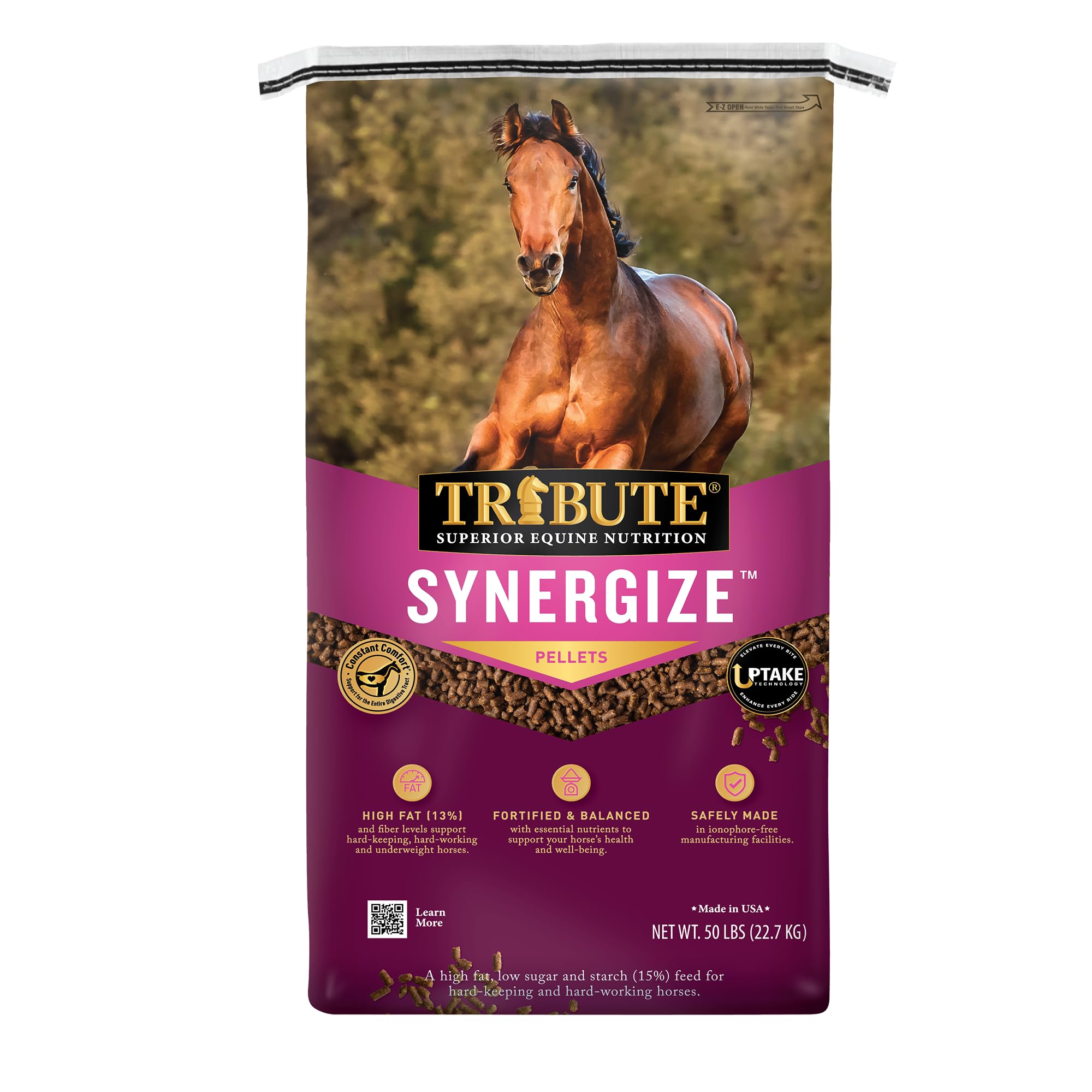 TRIBUTE Synergize, a Low NSC, high Fat pelleted Horse Feed for Hard-Keeping and Hard-Working Horses