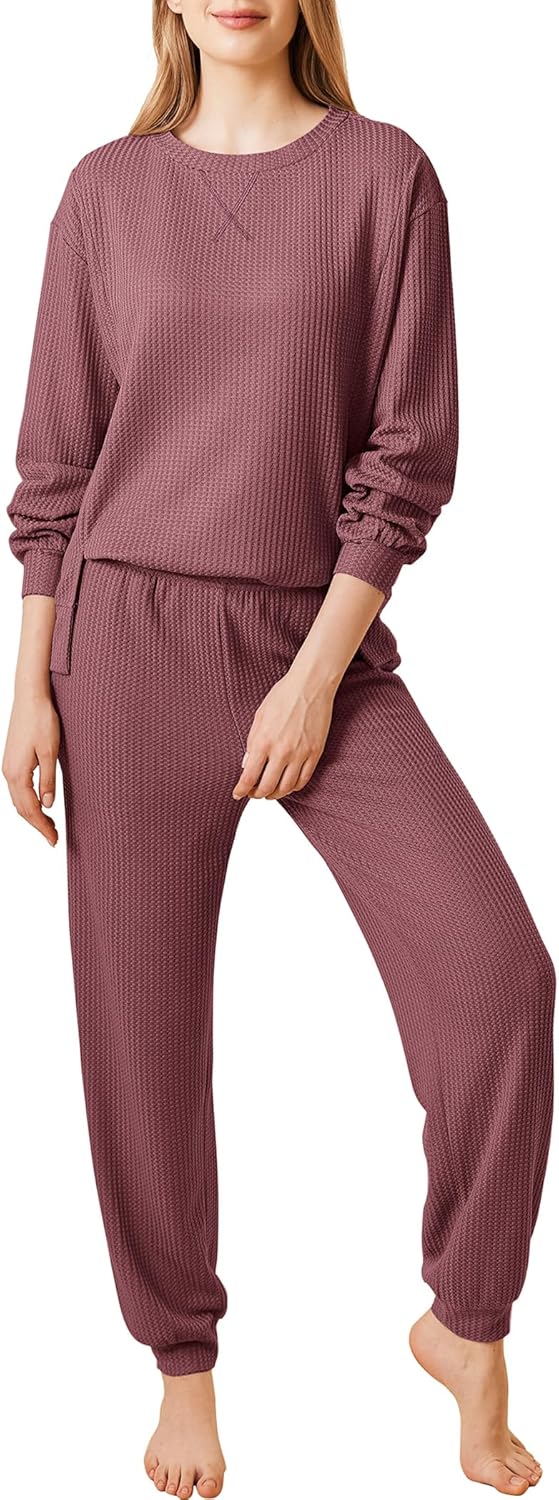 Ekouaer Waffle Knit Lounge Sets for Women Long Sleeve Pajamas Set with Pockets 2 Pieces Outfits Top and Pants Dusty Pink Large