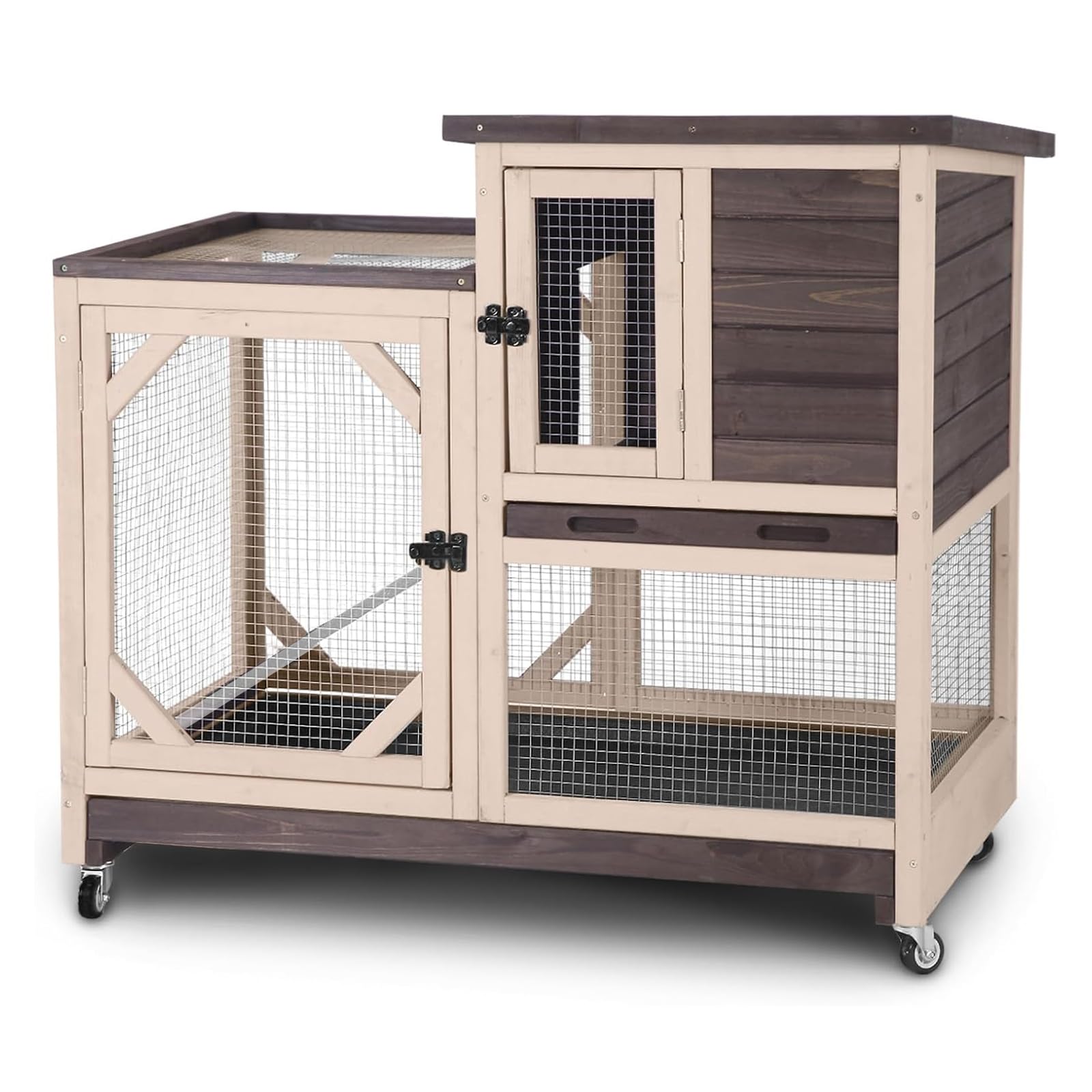 GUTINNEEN Rabbit Hutch Indoor 2 Story with 3 Doors, Outdoor Bunny Cage with Movable Wheels and Easy Clean Trays for Guinea Pig Cage 40.6" L
