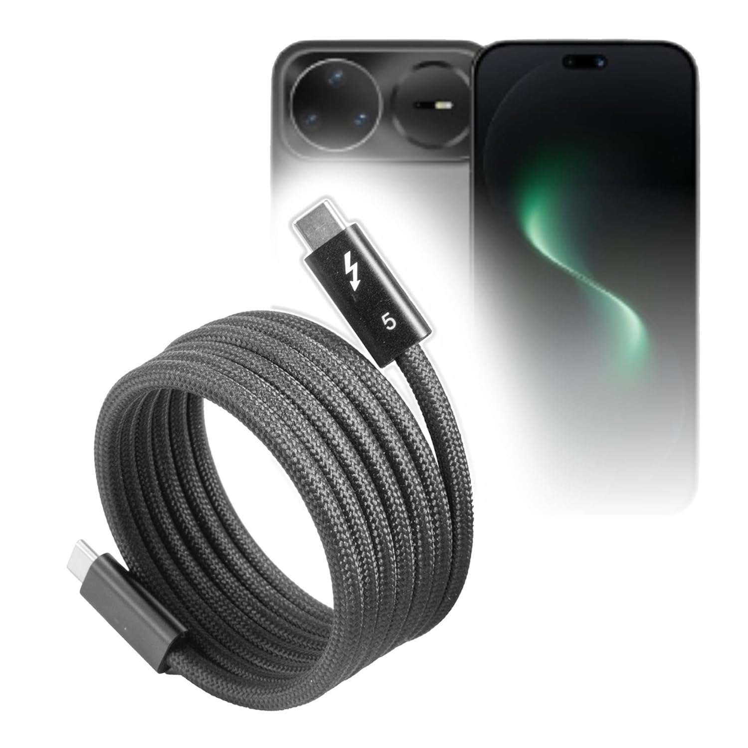BoxWave Cable Compatible with Huawei nova 15 pro - SnapWrap Thunderbolt 5.0 Cable (5ft 240W), Magnetic Self-Coiling Nylon Braided Retractable - Jet Black