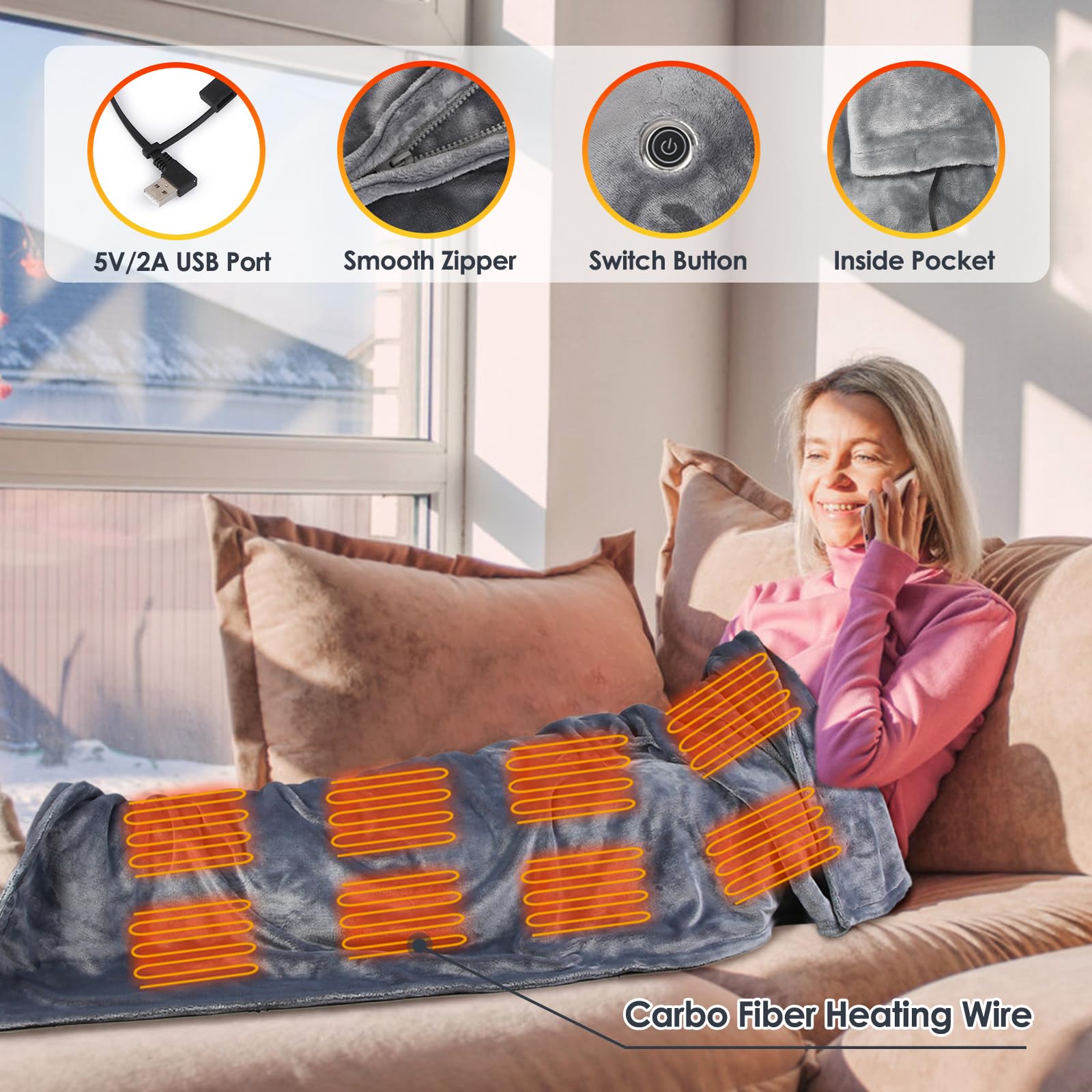 Coperta elettrica riscaldata USB, 150 x 78 cm, scialle riscaldata elettrica, coperta avvolgente con cerniera, morbida e accogliente, in flanella, regalo indossabile, per auto, ufficio, casa, viaggio