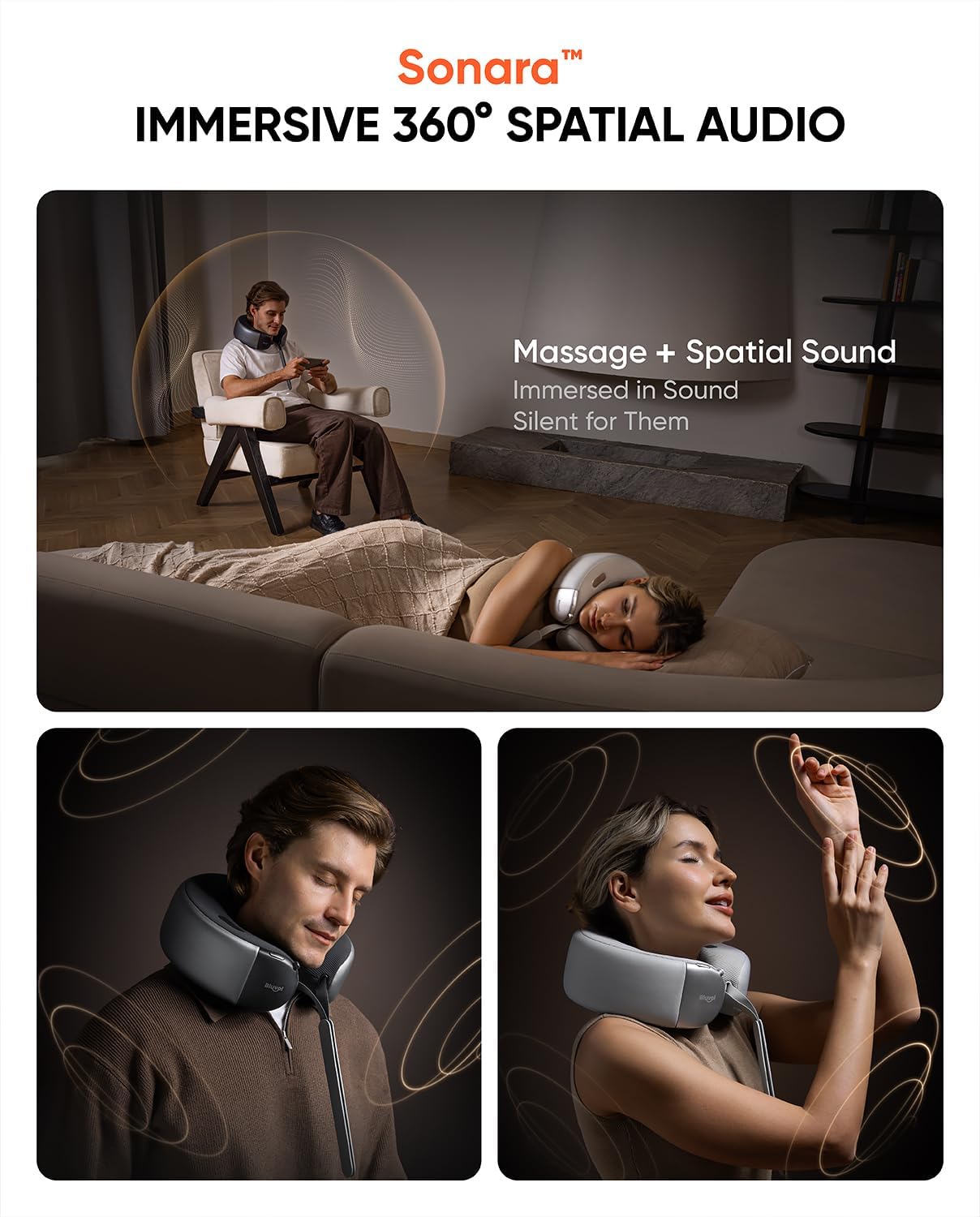 Bluvol Nest 10 Ultra Immersive Heated Neck Massager, Therapist-Style Deep Tissue Pain Relief, 360° Spatial Audio, Cordless Massager for TV Watching, Gaming, Office Work, Silver