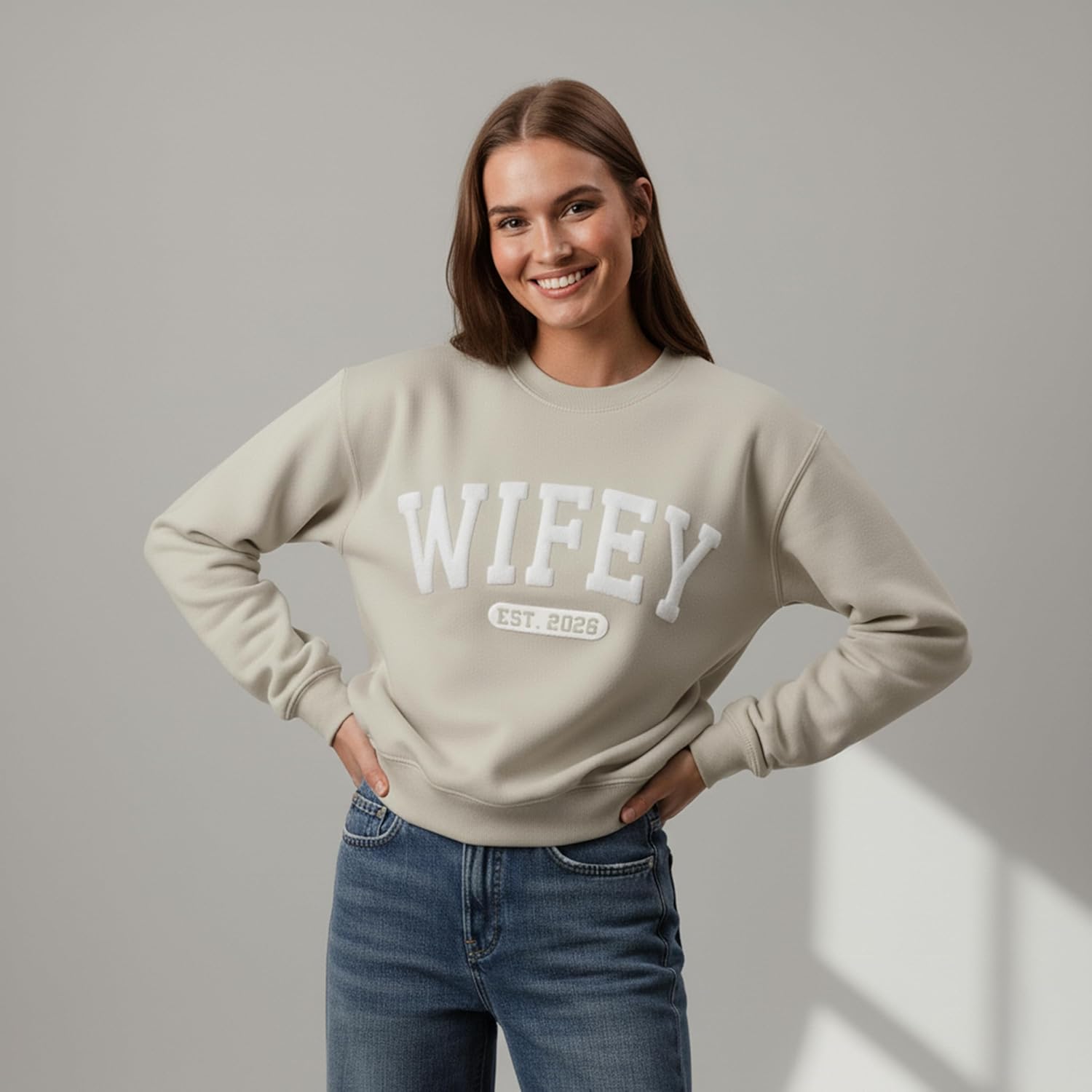 WEAR PHYSIQUE Embossed Custom Wifey Sweatshirt, Personalized Crewneck Engagement Gift for Bride, New Wife Sweater - Image 2