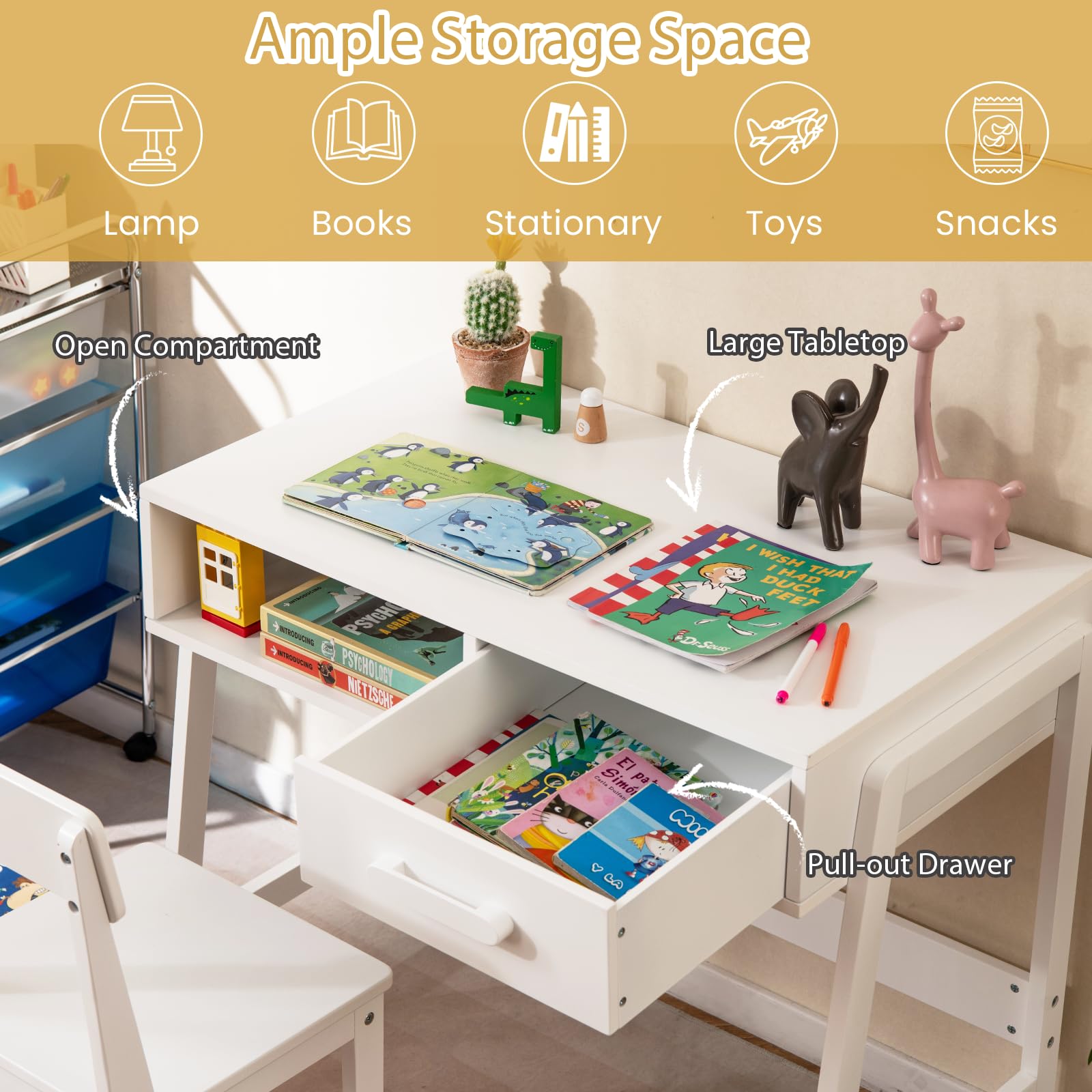 LIFEZEAL Set Scrivania e Sedia per Bambini 3+Anni, Scrivania con Cassetto, Banco Scuola, Tavolo da Studio, Sedia con Schienale, in Legno, per Cameretta, Giocare, Studiare, Multiattività (bianco)