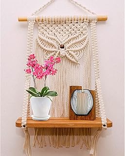 Kaahira Pine Wood and Cotton Rope Macrame Wall Hanging Shelf Organizer Boho Decor Tapestry Shelf Modern Macrame Wall Decor Housewarming Gift - (12x5x32CM) - Wall Shelf 04, Multicolor