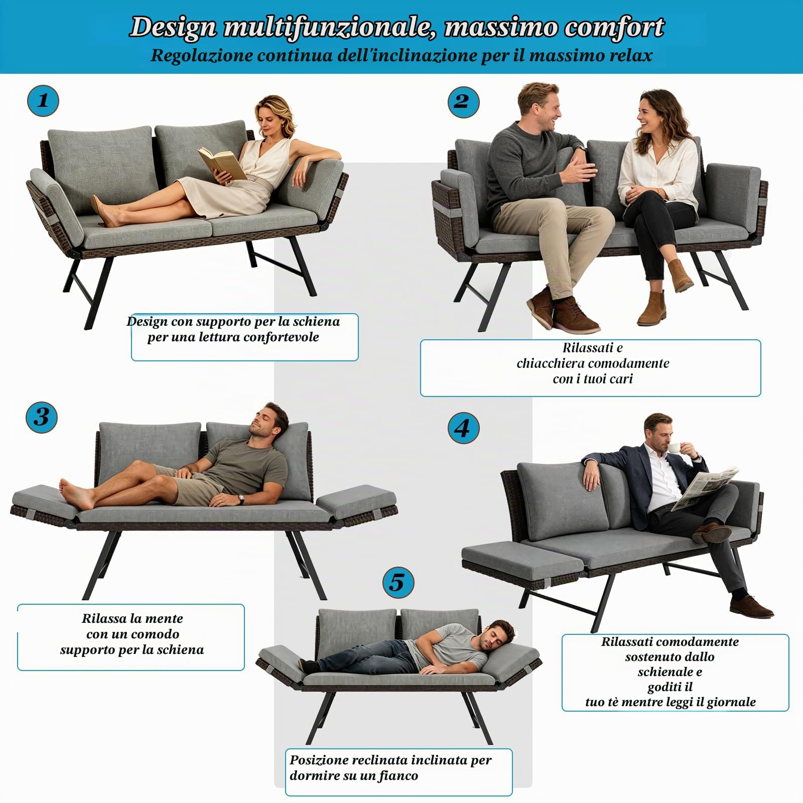 Divano da giardino a 2 posti con funzione allungata, divano regolabile, braccioli pieghevoli, divano letto esterno con cuscino, panca da giardino in polyrattan per mobili da balcone, terrazza