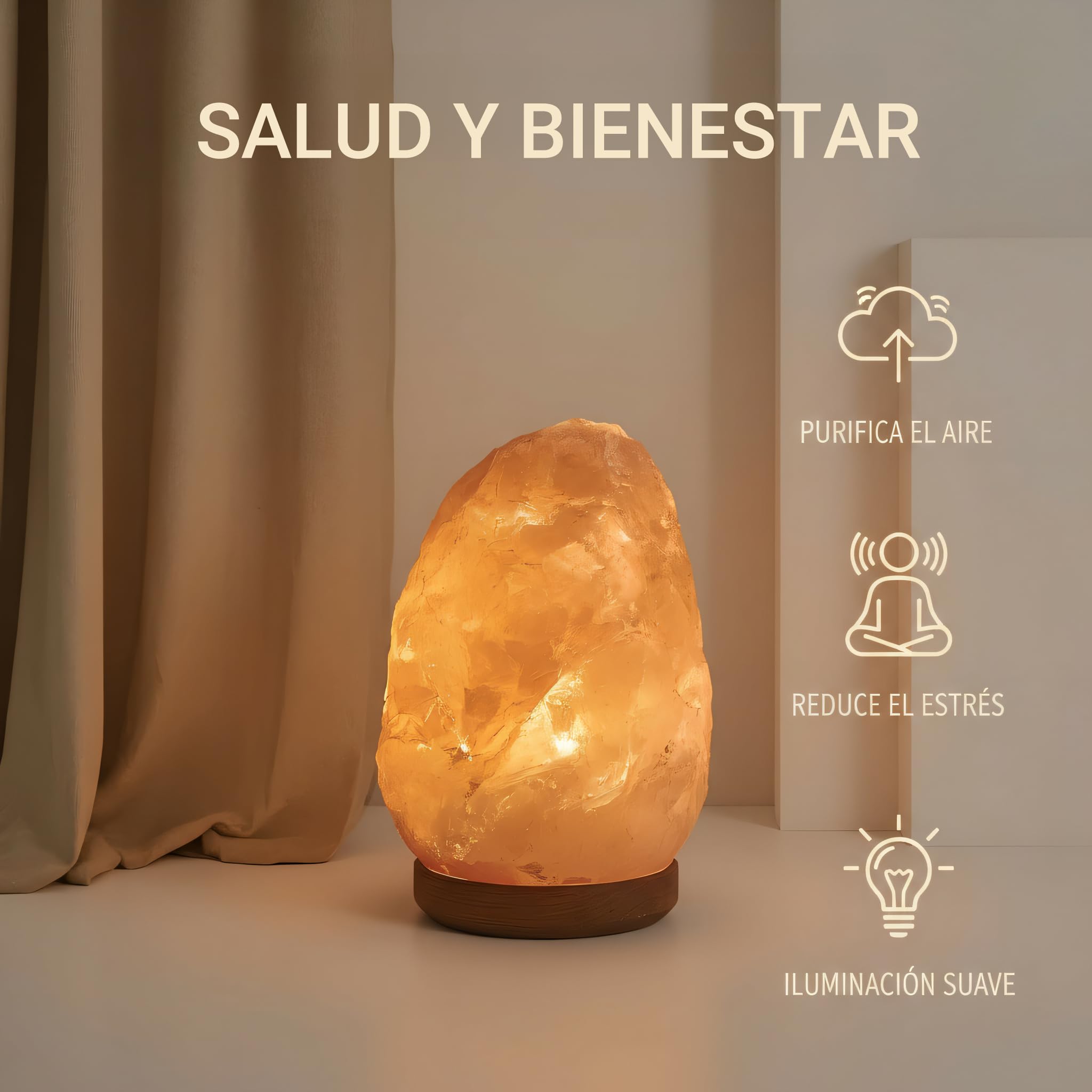 H HANSEL HOME Lámpara de Sal Natural del Himalaya, 1.5-2kg, 100% Natural, con Cable y Bombilla Incluida, Base de Madera – Lámpara de Sal para un Ambiente Relajante y Saludable