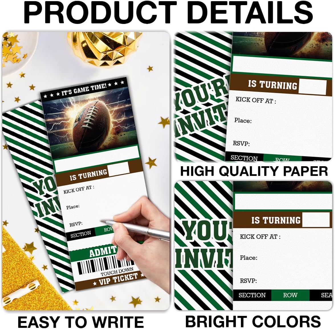 Football Birthday Invitations for Boys, Sports Football Party Invitation Cards Set of 20, Fill-in Birthday Invites with Envelopes