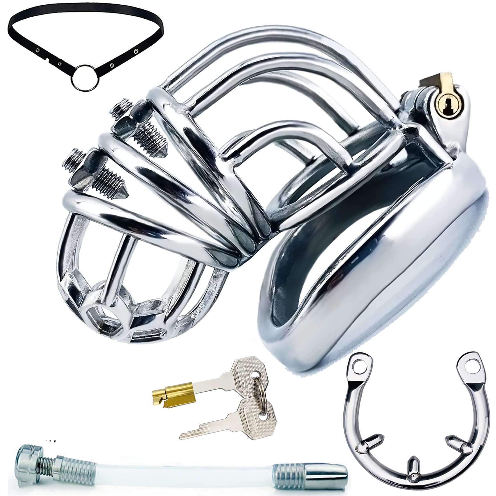 Peniskäfig Groß Herren Edelstahl Keuschheitsgürtel Mit Nägeln & CBT-Spikes Ring & Harnröhren Dilator & Gürtel Chastity Cage Male Metall Keuschheitskäfig Cock Cage Sexspielzeug,Gebogen,50mm